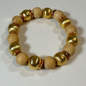 Brushed Gold + Natural Wood Bead Stretch Bracelet | 8mm | Stackable